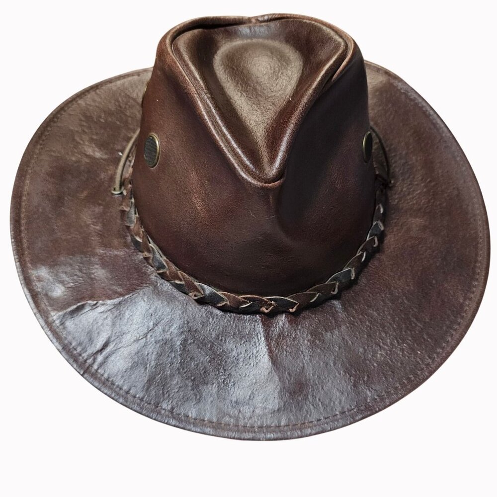 Henschel Brown Distressed Leather Cowboy Hat Braided Band Chin Cord USA Medium